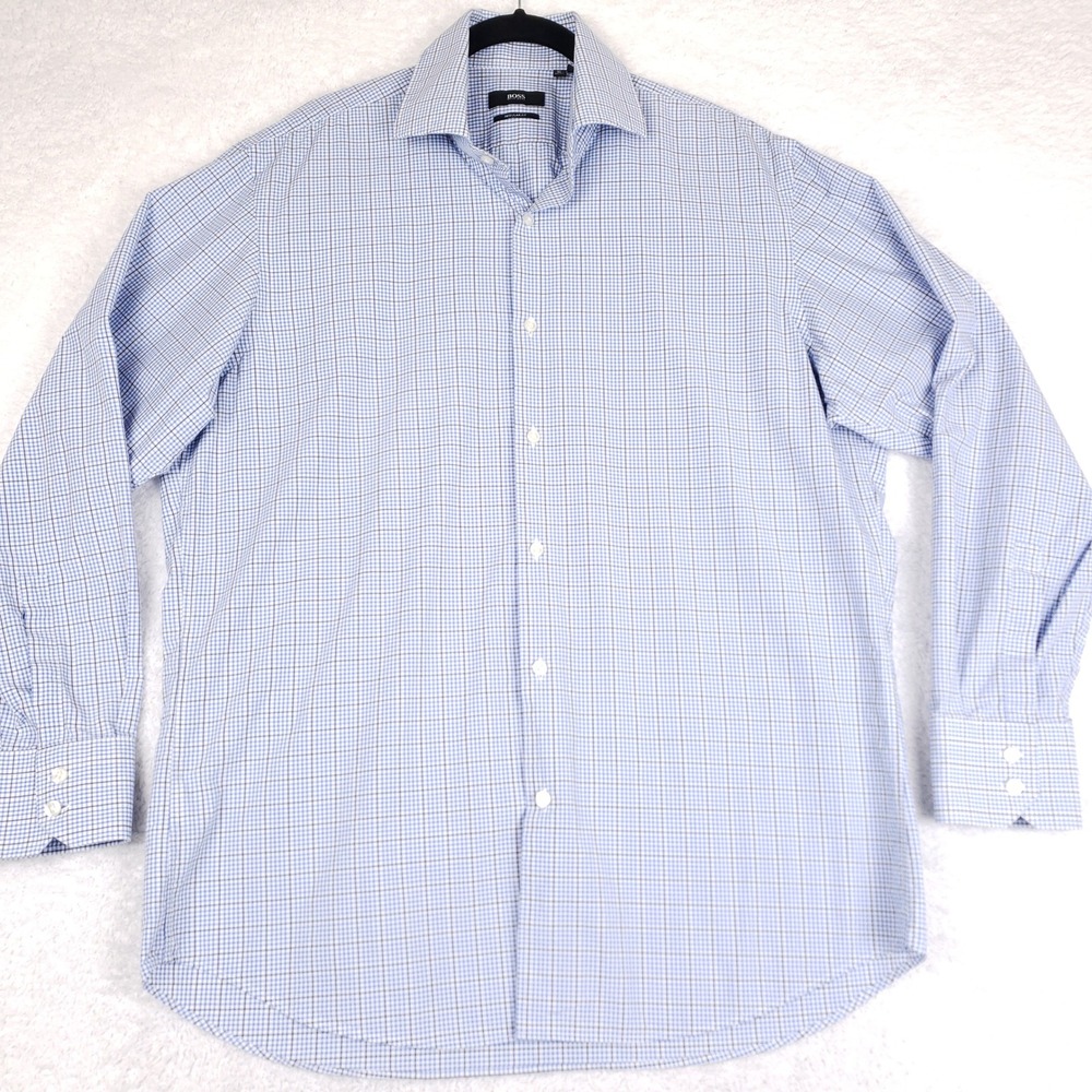 Hugo Boss Gerald US Mens 16 32/33 Regular Fit Blue Gingham Check Dress Shirt